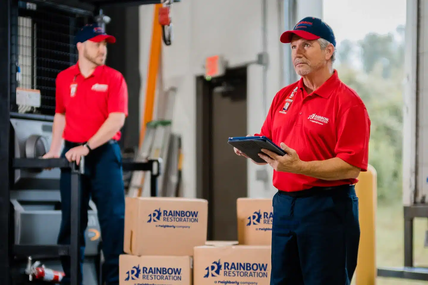 Rainbow Restoration technicians preparing equipment and supplies for fire damage restoration