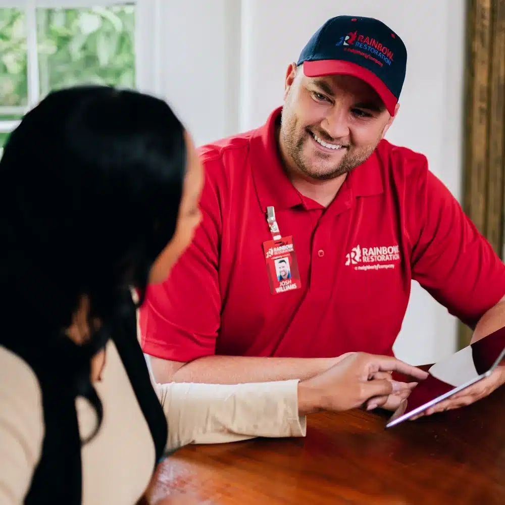 Rainbow Restoration emergency restoration professional reviewing a restoration plan with a homeowner