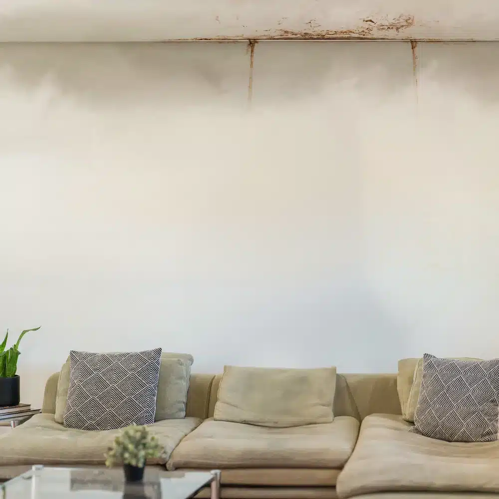 Living room with ceiling and wall water damage before mold remediation and damage restoration by Rainbow Restoration