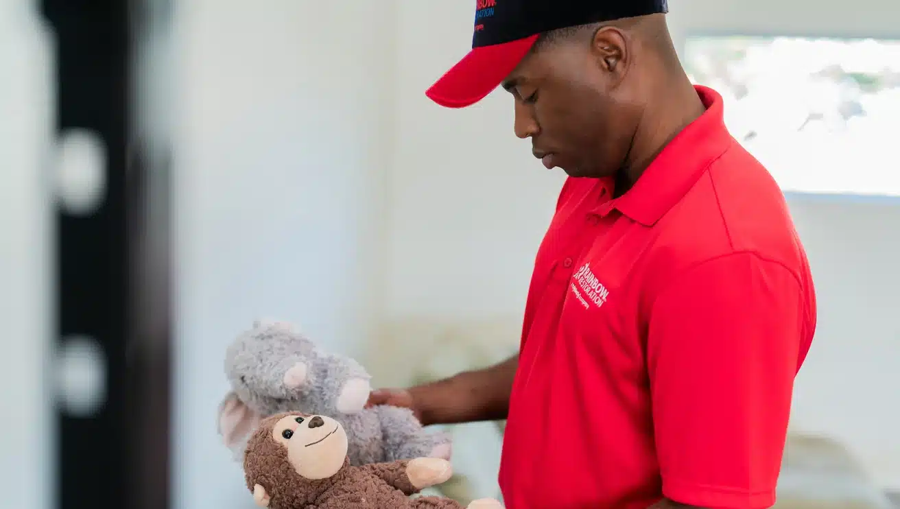 Rainbow Restoration technician inspecting stuffed toys as part of fire and smoke damage restoration