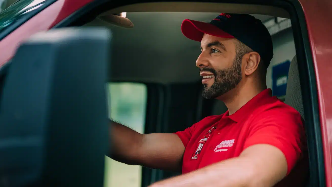 Rainbow Restoration service professional smiling in the driver’s seat of a company vehicle