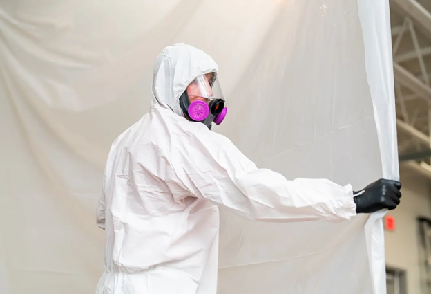 A service professional prepares for a biohazard cleanup job.