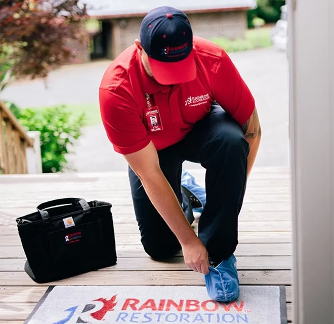 A Rainbow Restoration certified restoration professional puts on shoe covers at a customer's doorstep next to a branded Rainbow Restoration mat.