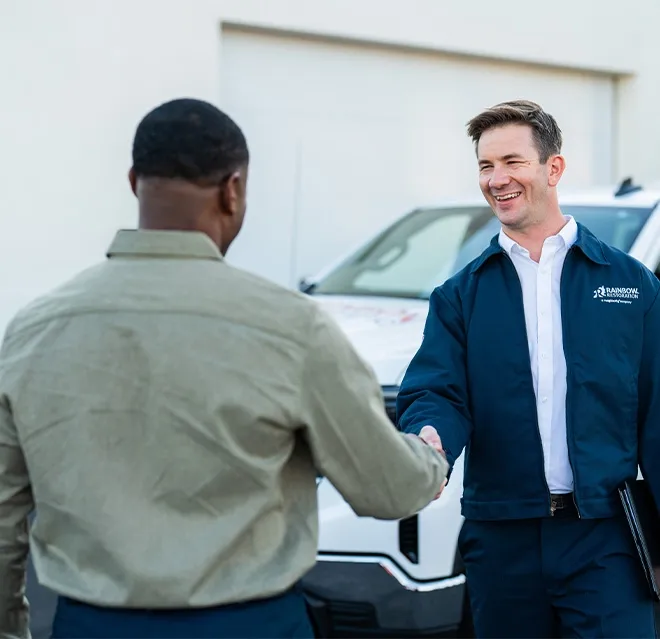 A Rainbow Restoration representative meets a property owner who has called for help with emergency restoration services in Creston, IA.