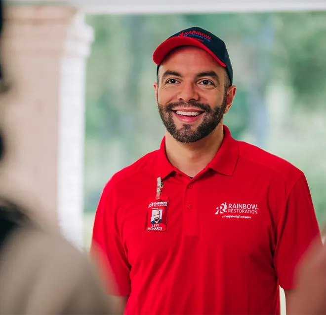 A homeowner in Ozone Park, NY, who called for emergency restoration services greets a Rainbow Restoration expert at their front door.