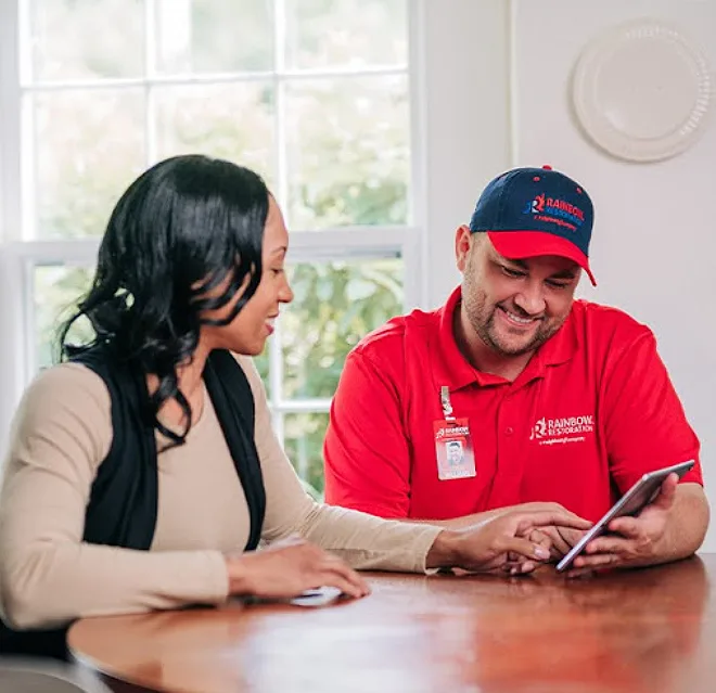 A Rainbow Restoration representative discusses water damage restoration with a homeowner in the northeast Denver, CO, area.