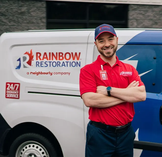 A Rainbow Restoration of Dickinson service professional smiling in front of a van during an emergency service visit in Hitchcock, TX.