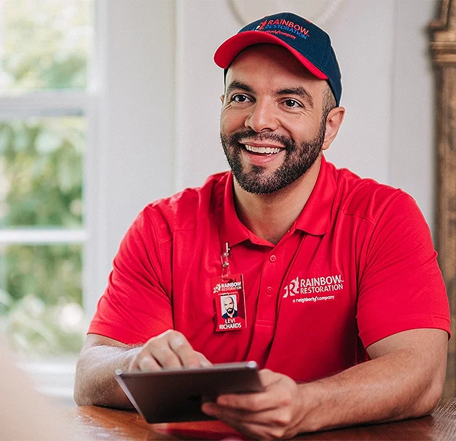 A Rainbow Restoration representative discusses property restoration services with a homeowner in Harrisonburg, VA.