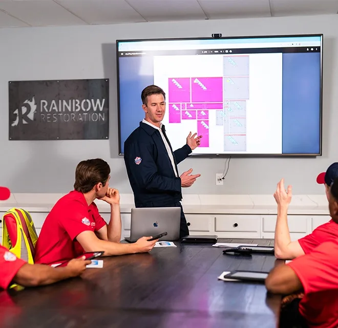 Rainbow Restoration’s emergency response team reviews an emergency response plan for a large commercial loss in Ottumwa, IA.