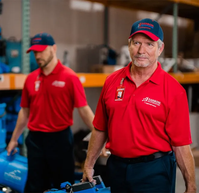Rainbow Restoration’s emergency response team carries equipment for a water damage loss in Madras, OR.