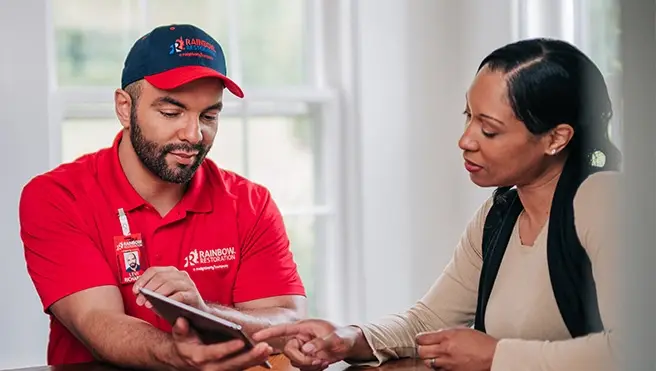 A Rainbow Restoration representative discusses property restoration services with a homeowner.