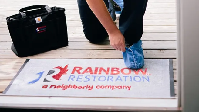 A Rainbow Restoration certified restoration professional prepares to enter a home to assess property damage in Taylors, SC.