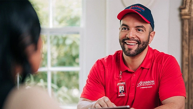 A Rainbow Restoration representative discusses property restoration services with a homeowner in Hanahan, SC.
