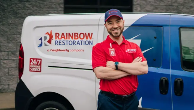 A Rainbow Restoration service professional standing with arms crossed in front of a branded van.