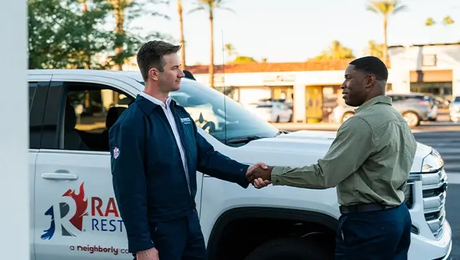 A Rainbow Restoration service professional shaking the hand of a business customer in a parking lot.