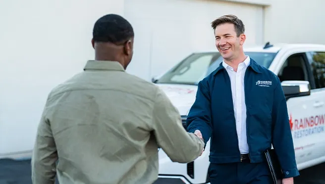 A Rainbow Restoration representative meets a property owner who has called for help with emergency restoration services in Universal City, TX.