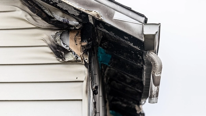 A home in Westminster, CO, with fire damage to the roof and siding.