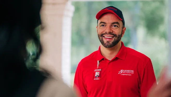 A homeowner in Anderson, SC, who called for emergency restoration services greets a Rainbow Restoration expert at their front door.