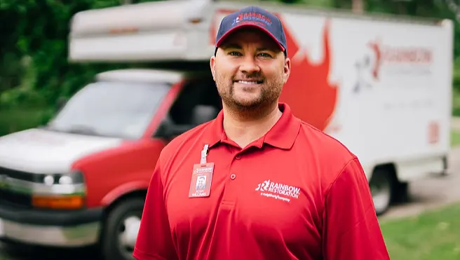 A smiling Rainbow Restoration service professional standing in front of a branded company van.