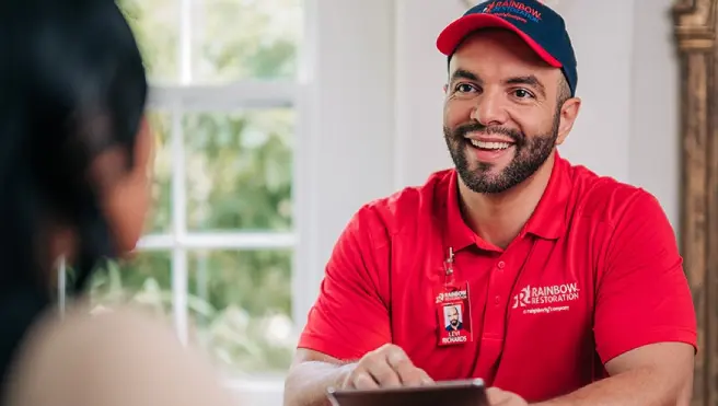 A Rainbow Restoration representative discusses property restoration services with a homeowner in Alvin, TX