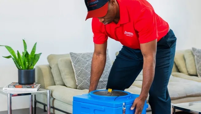 A Rainbow Restoration technician sets up equipment in a customer’s home in Creston, IA.