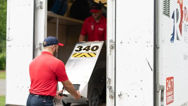 Rainbow Restoration of Central Oregon service professionals unload water damage equipment at a residential property in Madras, OR.
