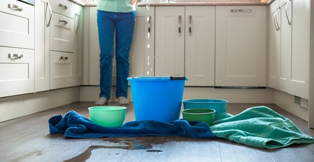 A woman in Westminster, CO, stands in the kitchen during a water damage emergency as water falls from the ceiling.