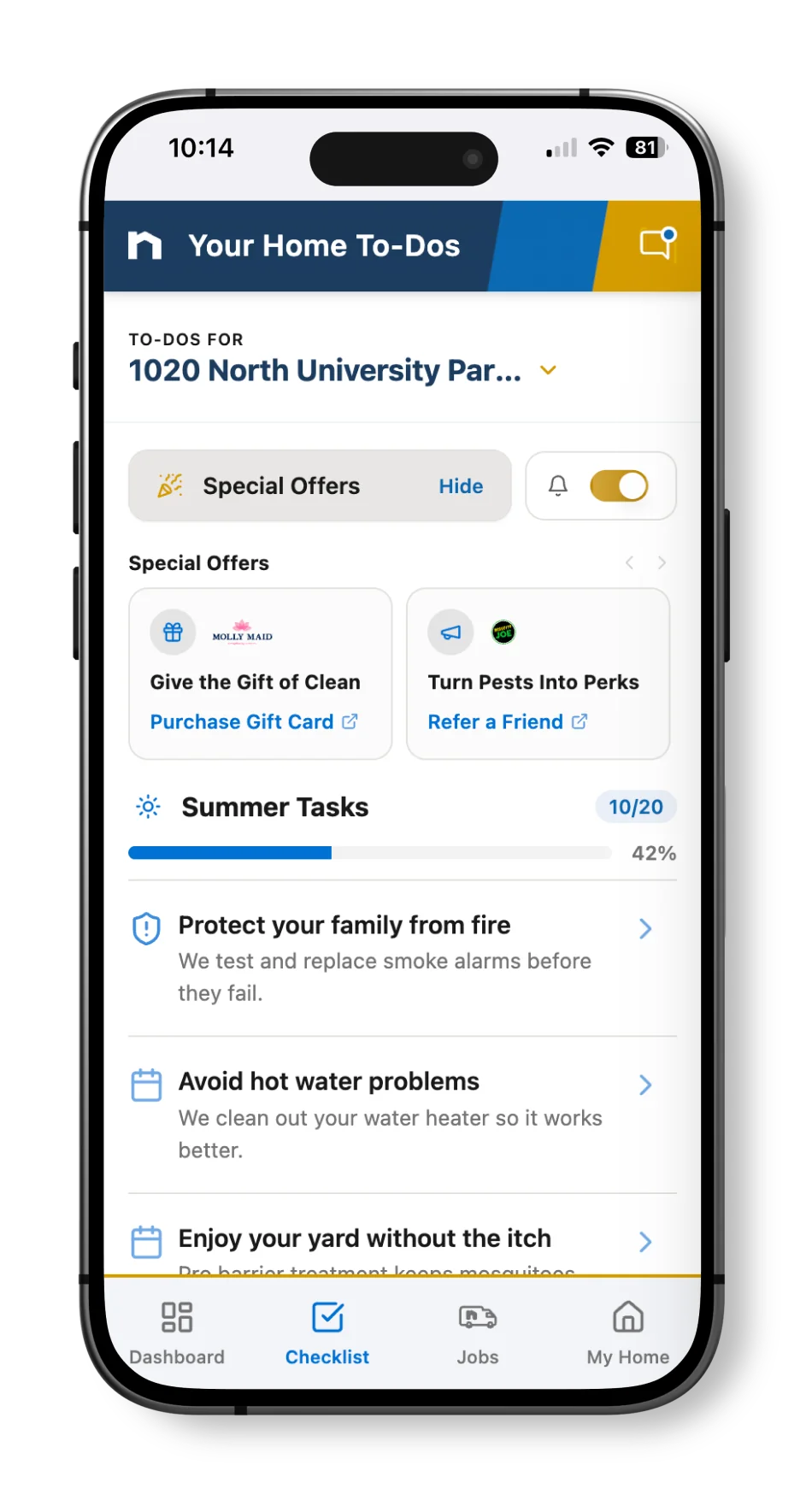 A smartphone displaying the Neighborly app, showing special offers and coupons and a summer task list with progress bar.