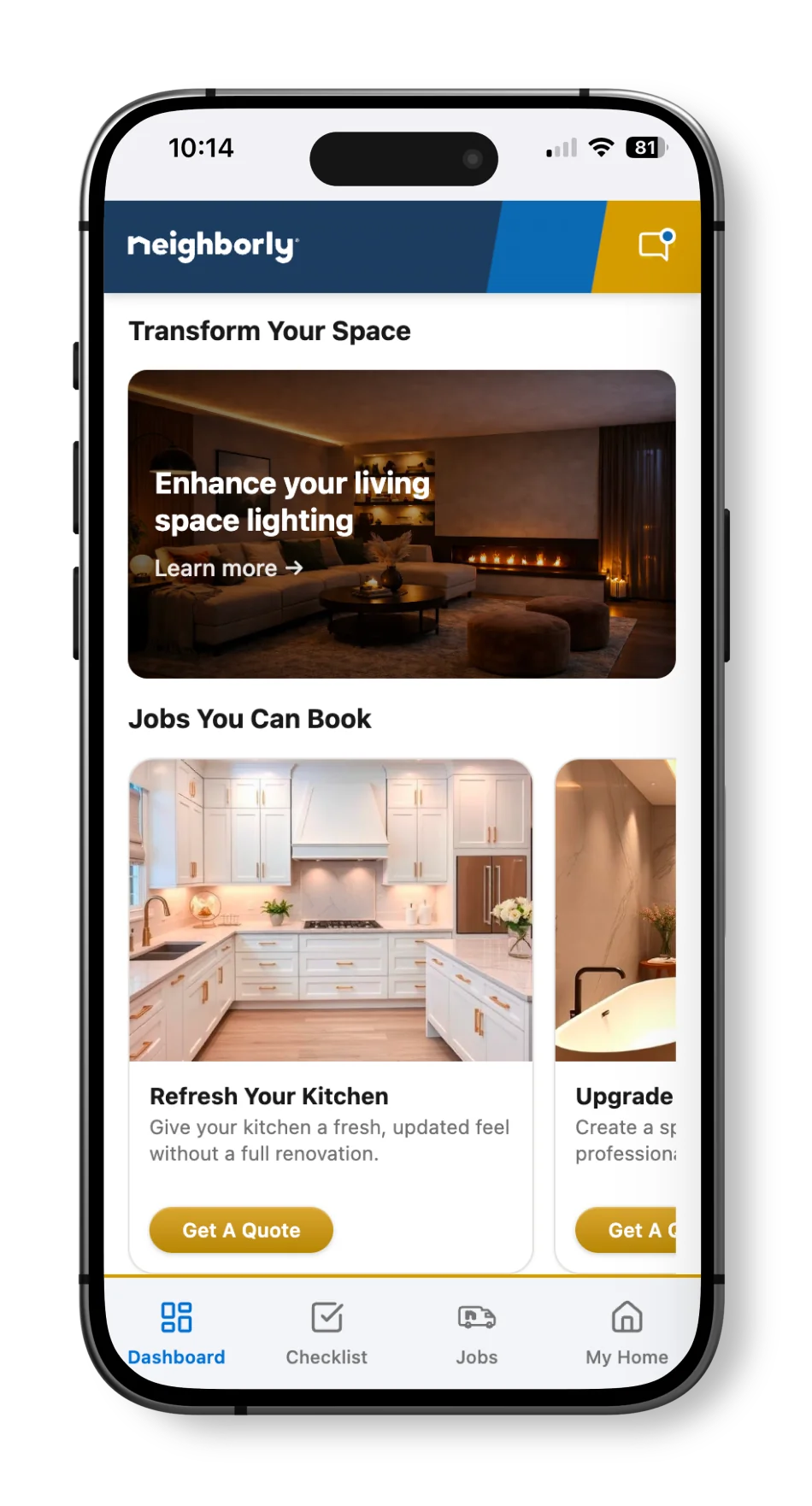 A smartphone displaying the Neighborly app, with blog posts on transforming your space and refreshing your kitchen.