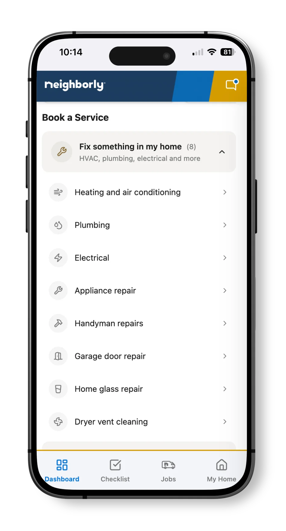 Results from a search of services in the Neighborly app, displayed on a smartphone screen.