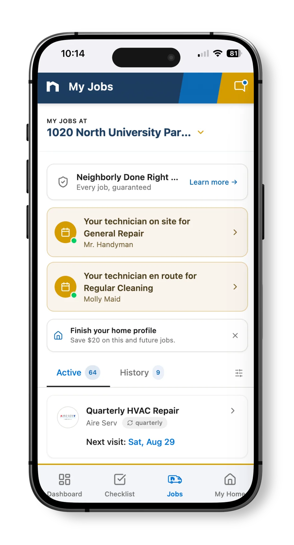 A smartphone displaying a view of the Neighborly app, with status reports on two jobs in progress from Mr. Handyman and Molly Maid.