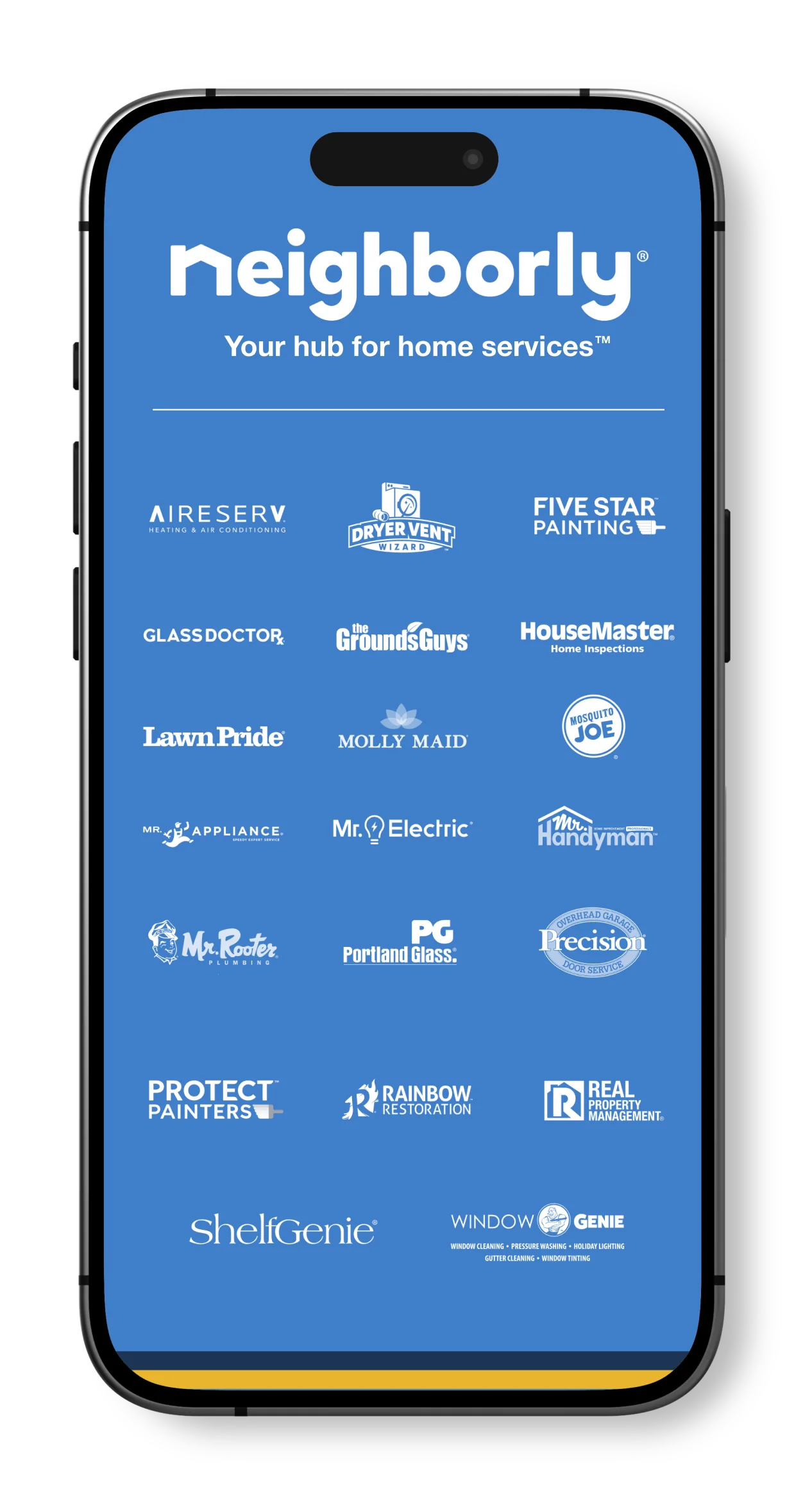 A smartphone displaying the Neighborly app, showing the logos from every Neighborly home service company.