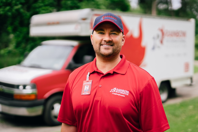 Rainbow Restoration service professional smiling in front of a truck. 