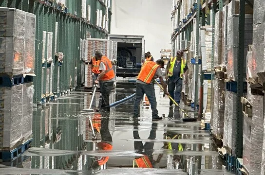 Rainbow Restoration cleaning water damage in a warehouse.