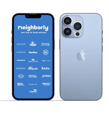 Front and back of iphone with Neighborly brands listed on the front.