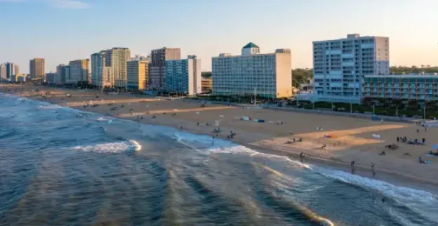 Hotels and condo buildings along the coast in Virginia Beach, VA.