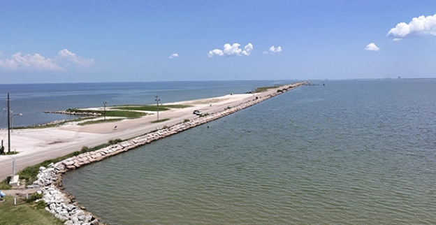 The Texas City Dike levee that extends into Galveston Bay in Texas City, TX.