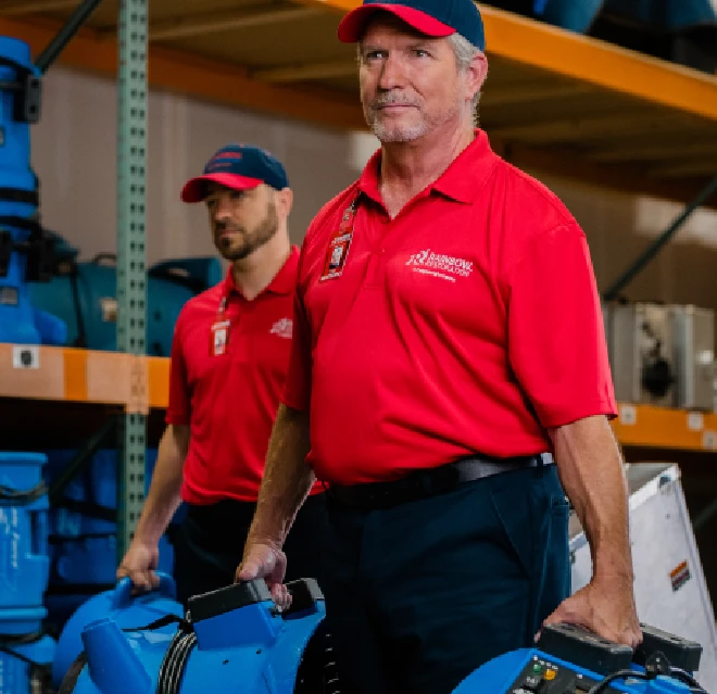 Two Rainbow Restoration technicians carrying high-powered fans.