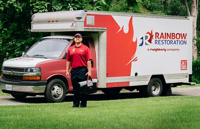 Rainbow Restoration technician standing beside a branded truck.