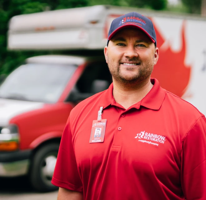 Rainbow Restoration expert standing in front of truck.