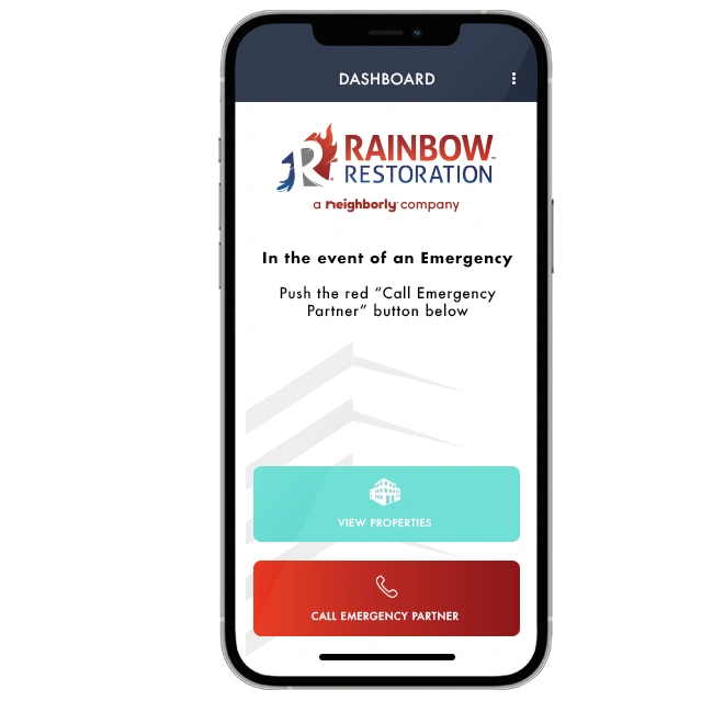  Phone with Rainbow Restoration mobile app. /NEI Global/Sites/OPUS 2/Rainbow Restoration/US/EN-US/_Assets/images/national-service-images/phone_screen_rbw_emergency-656x371.webp