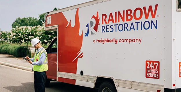 Rainbow Restoration expert standing with tablet next to branded truck.