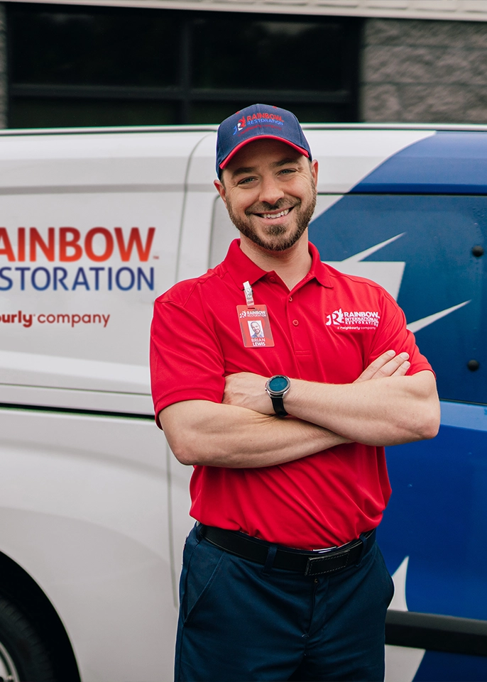 A technician standing in front of a van.