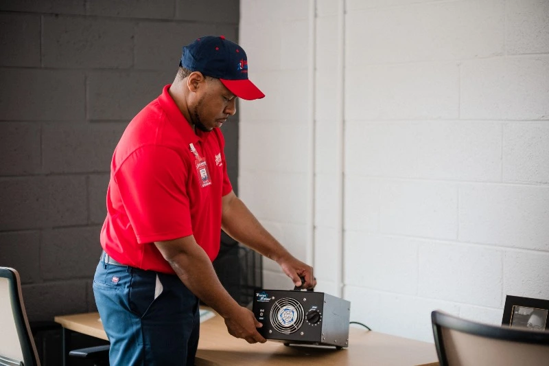 Rainbow Restoration specialists setting up an air purifier.