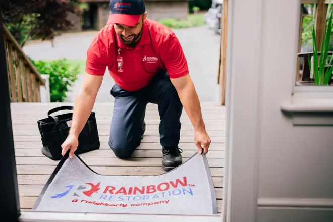 Rainbow Restoration professional laying down a mat outside a residential front door.