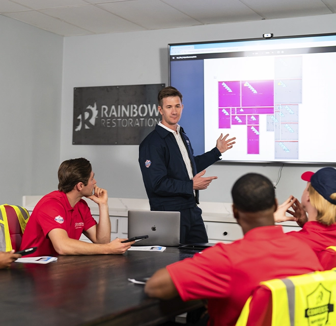 A Rainbow project leader gestures to an on-screen presentation as four Rainbow service professionals watch.