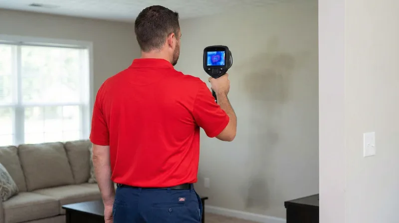 A restoration service professional using a thermal camera to detect moisture behind a wall in a Canton residence.