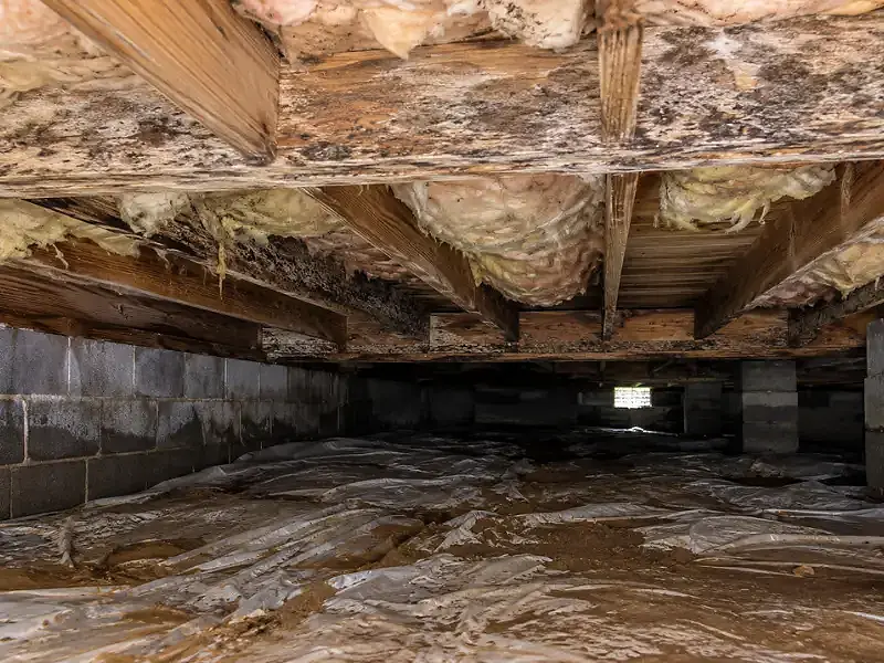 A damp crawl space shows mold growth on wooden floor joists, sagging insulation, and a worn vapor barrier over the dirt floor.
