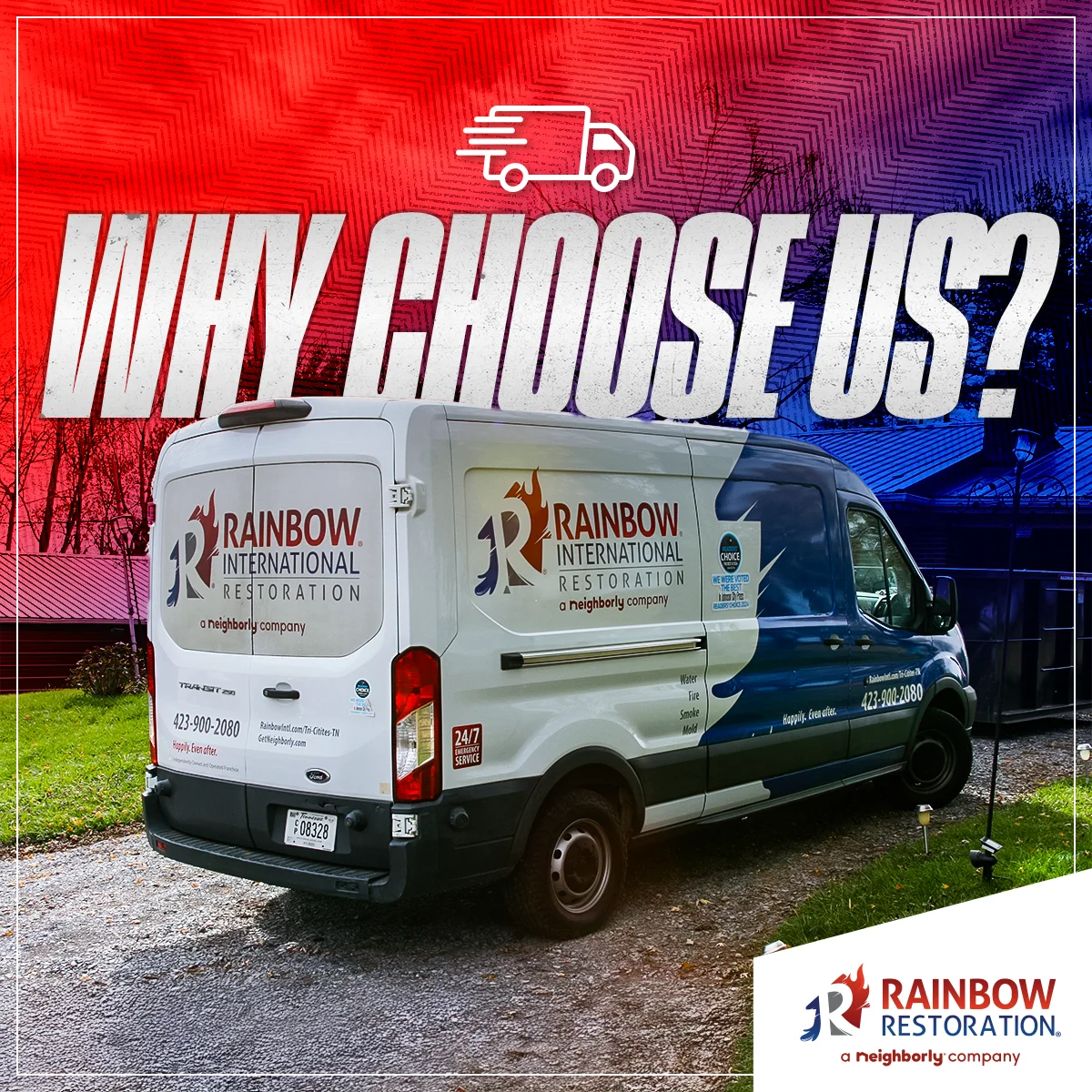 Red and blue graphic saying 'Why Choose Us?' with a Rainbow Restoration van and logo.