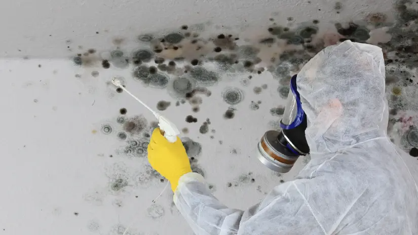 A service professional identifies and sprays to remediate mold.